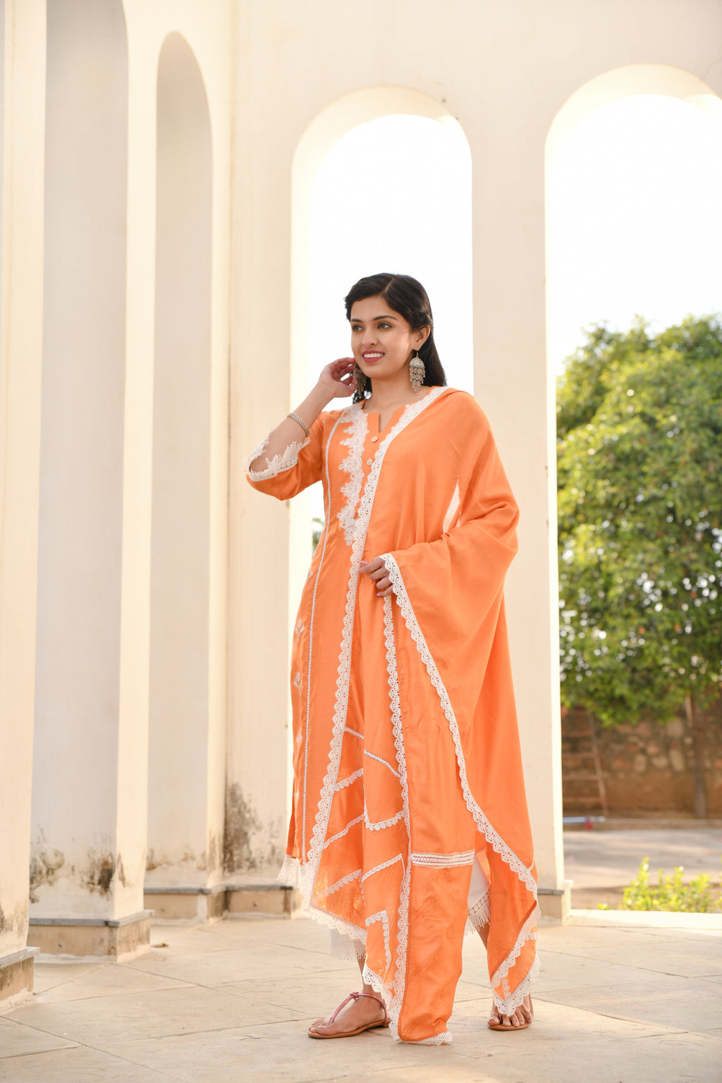 Marigold orange silk cotton Anarkali features argyle & chevron designs,  contrast banaras dupatta of intricate designs